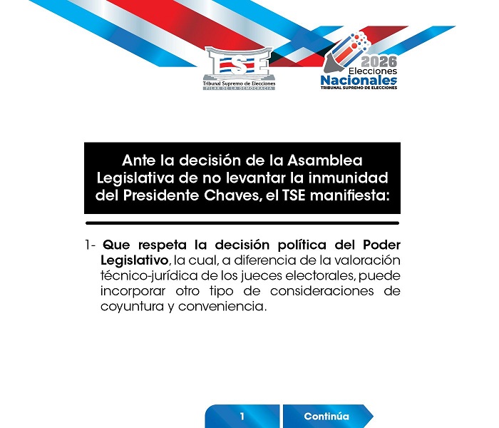 Ante la decisión de la Asamblea Legislativa de no levantar la inmunidad del Presidente Chaves, el TSE manifiesta