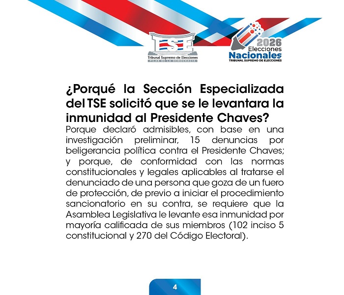 Ante la decisión de la Asamblea Legislativa de no levantar la inmunidad del Presidente Chaves, el TSE manifiesta