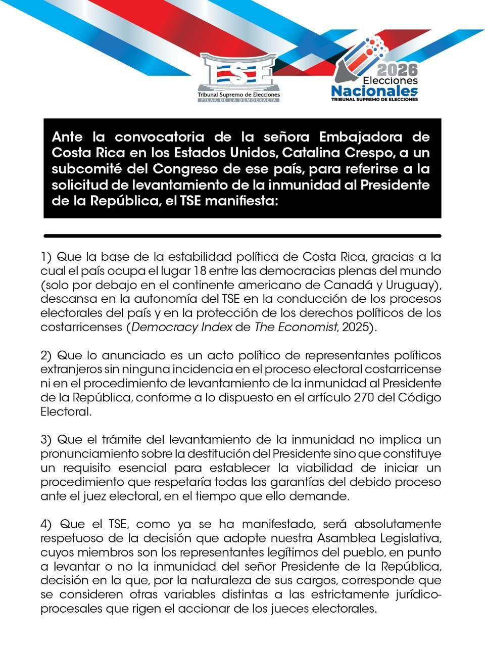 Ante la convocatoria de la Embajadora de Costa Rica en los Estados Unidos a un subcomité del Congreso de ese país
