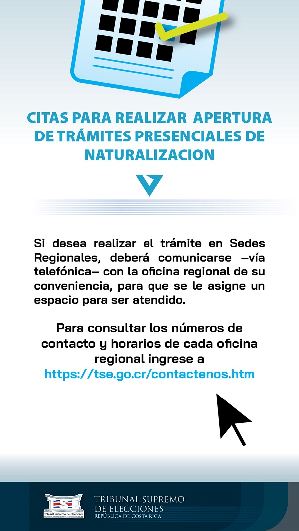 El sistema asignará la cita para gestiones en sede central San José, Si desea realizar el trámite en sedes regionales deberá comunicarse vía telefónica con la oficina regional de su convenencia