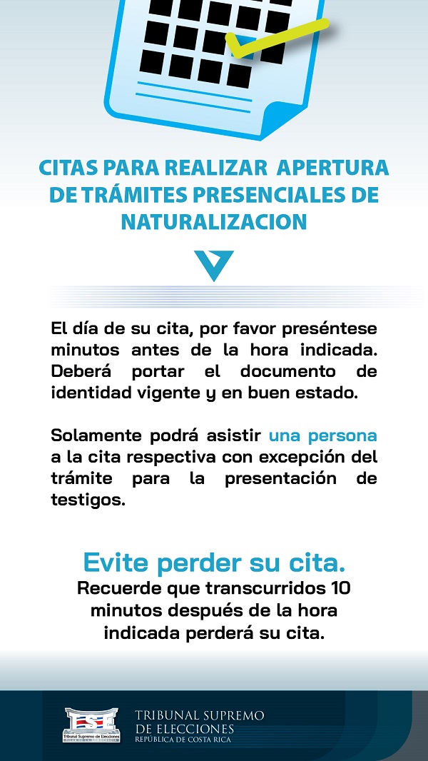 El día de su cita, por favor preséntese minutos antes de la hora indicada. Deberá portar el documento de identidad vigente y en buen estado y se requiere el uso de mascarilla para ingresar a las instalaciones. Solamente podrá asistir una persona a la cita respectiva con excepción del trámite para la presentación de testigos. 