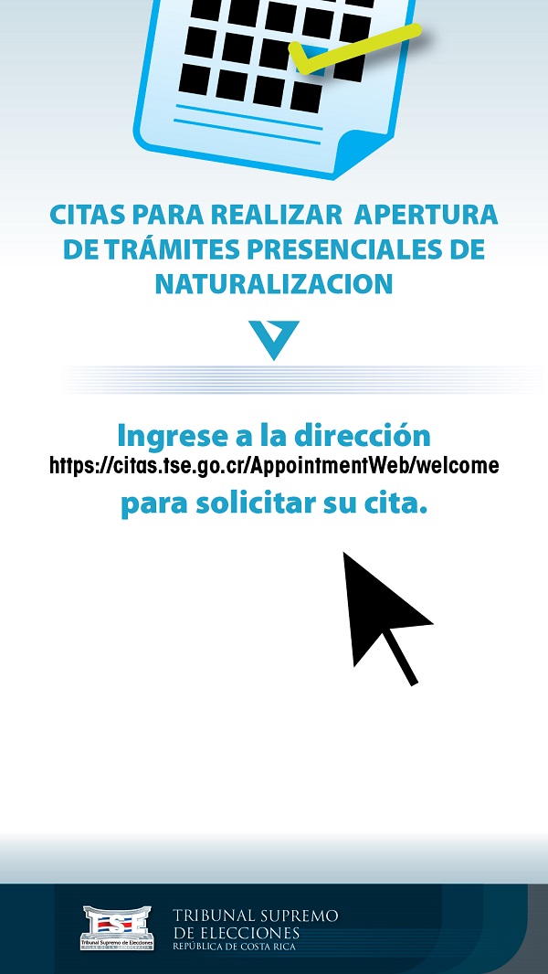 Ingrese a la dirección https://citas.tse.go.cr/AppointmentWeb/welcome para solicitar su cita. 